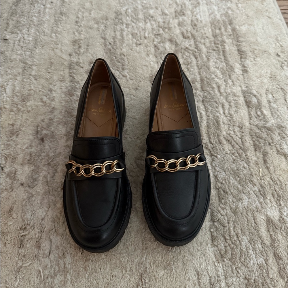 Sam Edelman Black Leather Loafers with Gold Chain